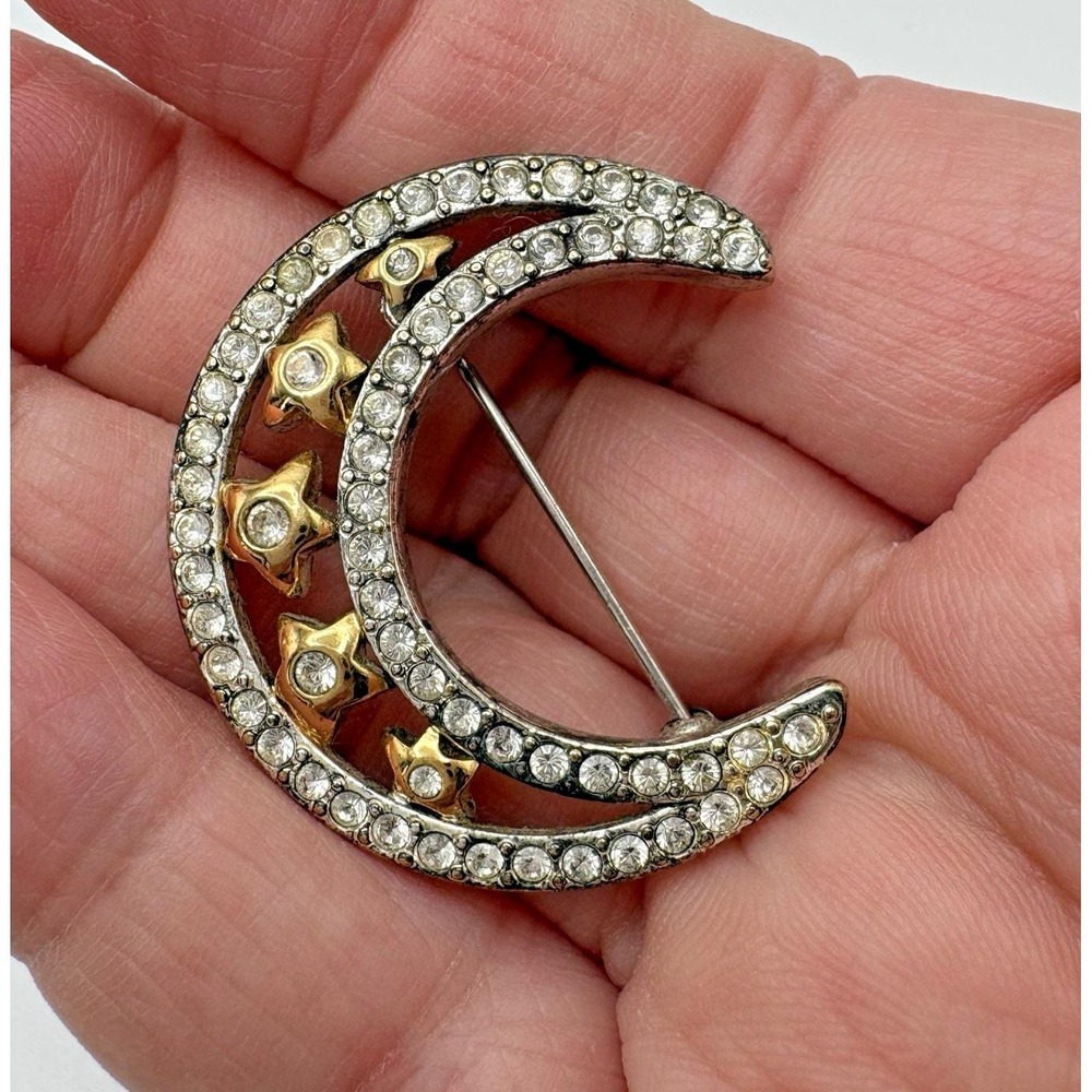 Vintage Monet Brooch Celestial Moon Stars Rhinestone Two Tone Read